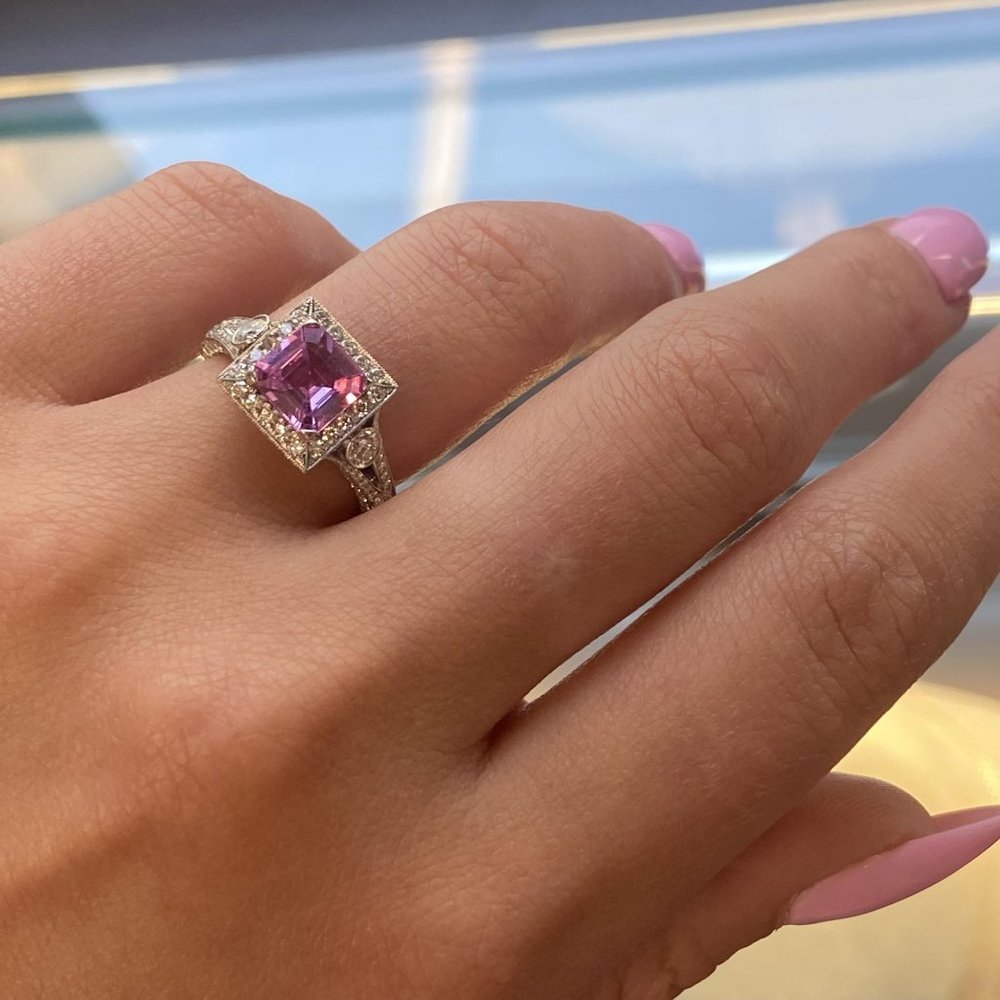 Asscher Cut Pink Sapphire Diamond Halo Engagement Ring Platinum 1.53ct Size 6